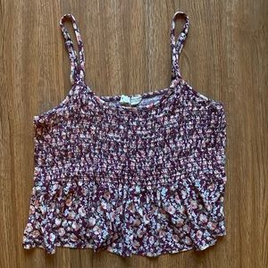 Red Maroon Floral Crop Tank Top, Smocked, Peplum, Comfy, Size Large